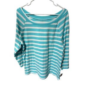 Talbots Tee XL Striped 3/4 Sleeve Boat Neck Top Aqua White Cotton Blend